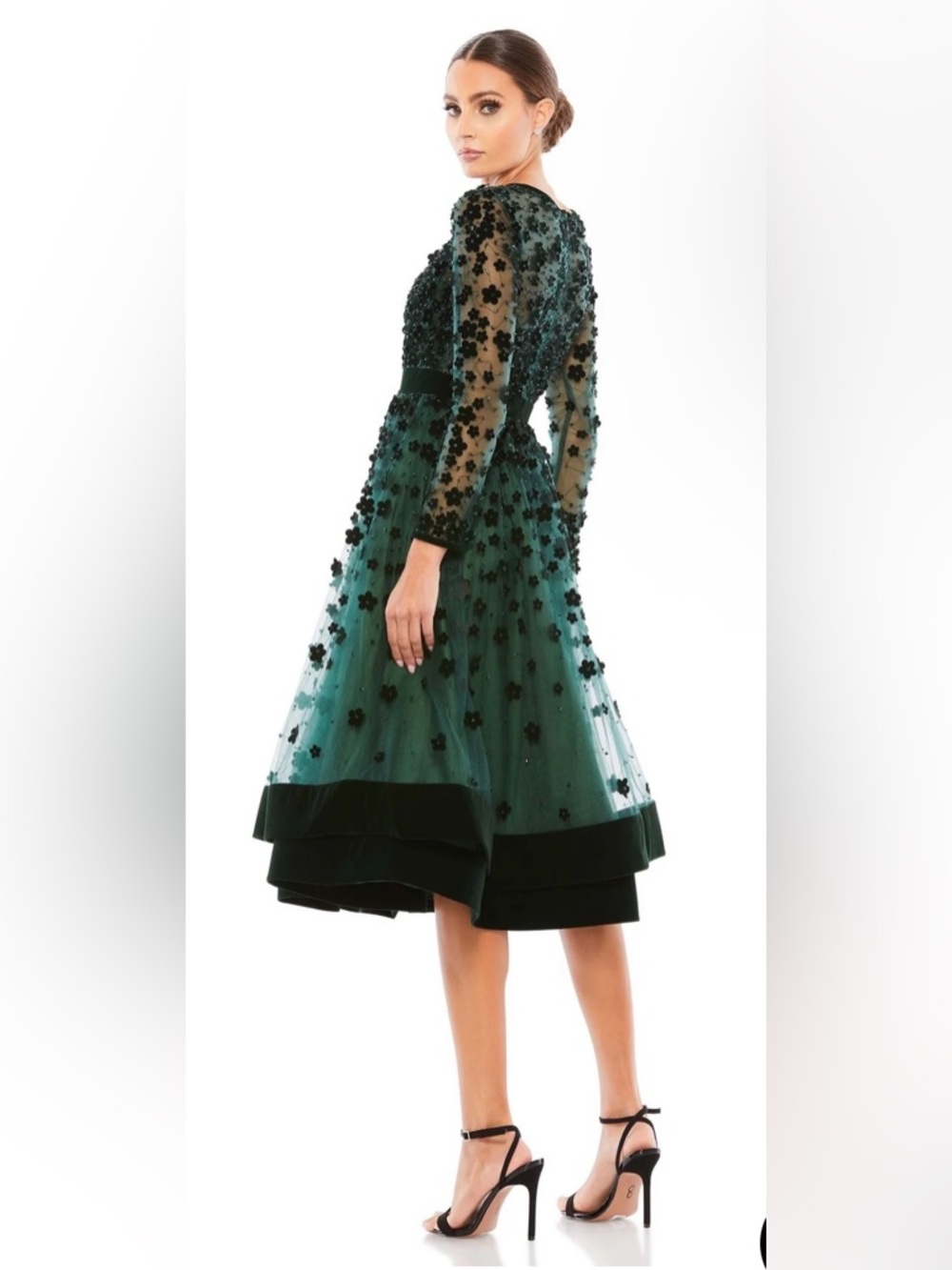 Mac Duggal Green Midi Long Sleeve Dress 67007 Size 2 NWT - Picture 2 of 6